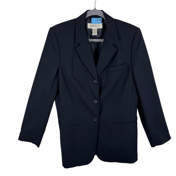 Eddie Bauer Black 100% Wool Single Breasted Button Up Lined Blazer Size 10 - Picture 1 of 5